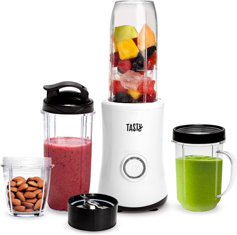 Tasty Personal Blender With Cups, 350W Powerful Blending Motor, 9-Piece Set With 4 Cups & Travel Lid, Compact & Portable, White - Image 1
